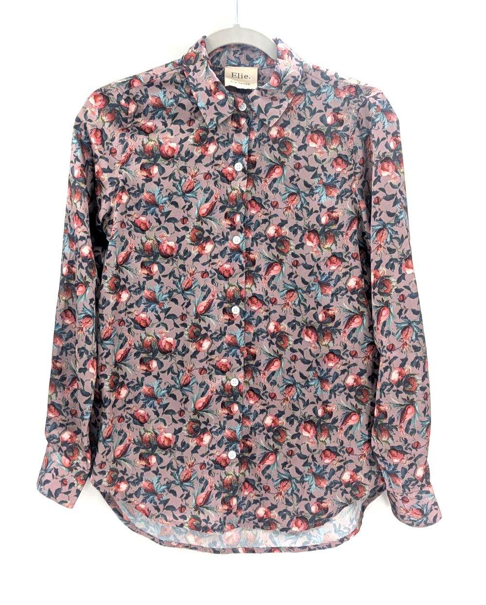 Elie Tahari Floral Satin Mauve Red Pink Button Up Long Sleeve Blouse Size Small